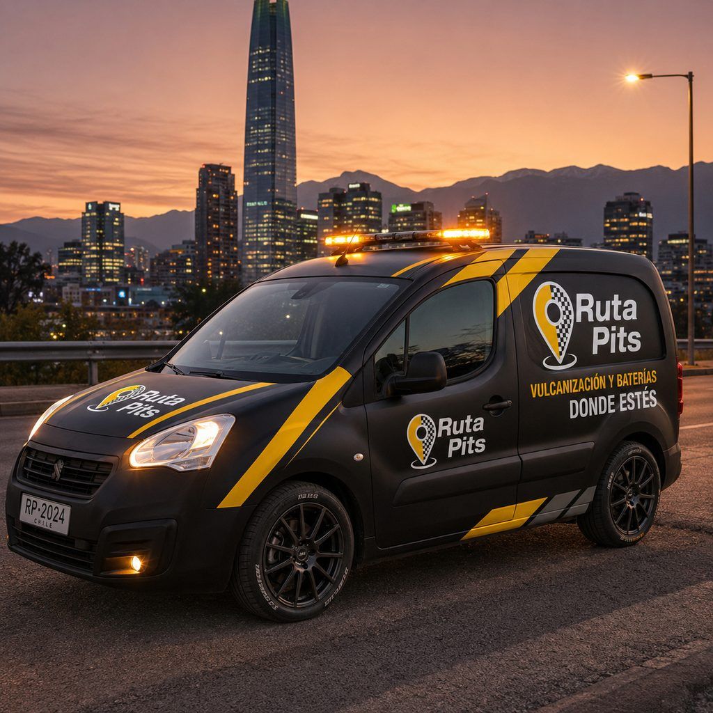 Van de Ruta Pits rotulada en negro y amarillo con el pin de marca, vulcanización móvil donde estés
